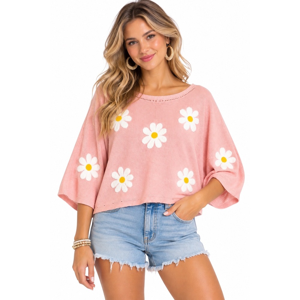 BIBI Pink Daisy Floral Batwing Sleeve Lightweight Knit Sweater L Coquette Boho